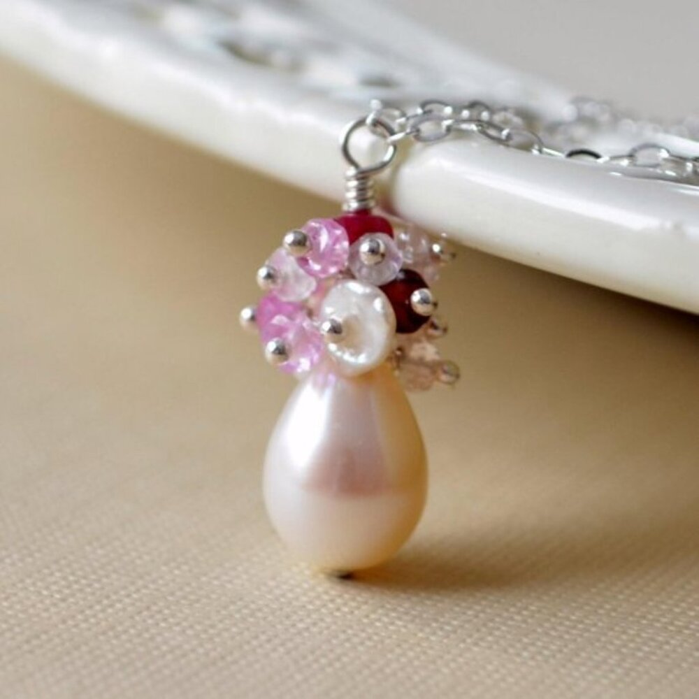 White Pearl Drop Necklace with Ruby and Rose Quartz